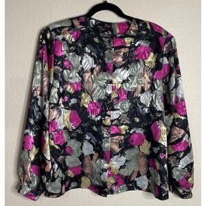 Erena Womens 12 Blouse Pink Gold Abstract Geometric Long‎ Sleeve Satin Top Retro